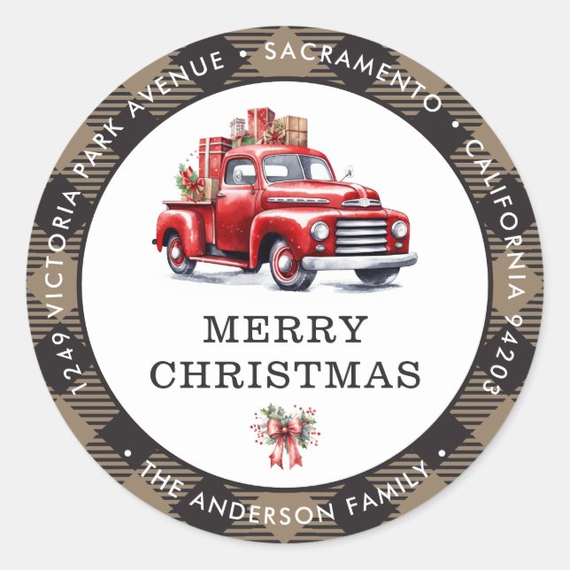 Red Truck Plaid Christmas Return Address Labels (Front)