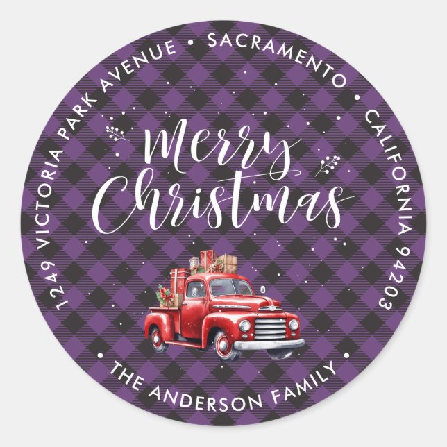 Red Truck Purple Christmas Return Address Labels (Front)