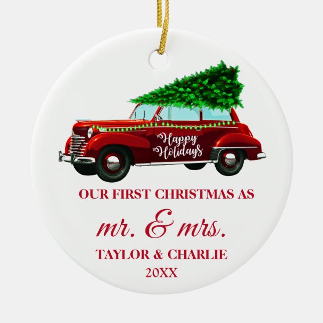 Red Truck Red Brush Script First Christmas Ceramic Ornament (Front)