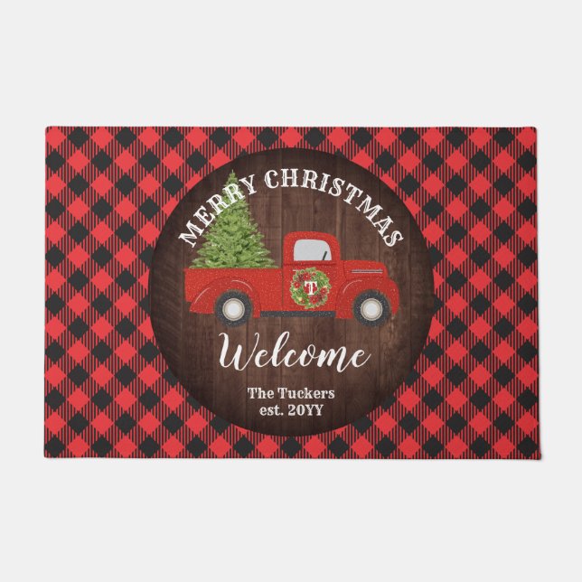 Red Truck Rustic Plaid Family Christmas Welcome Doormat (Front)