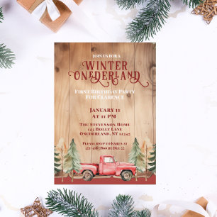 Red Truck Rustic Winter Onederland Birthday Invitation