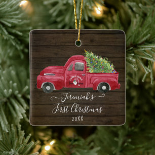 Red Truck Rustic Wood Baby1st Christmas Tree Photo Ceramic Ornament