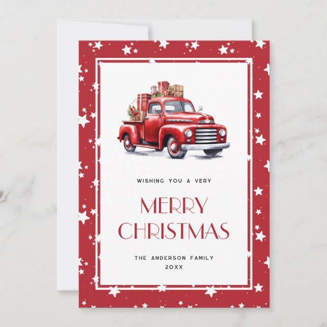 Red Truck Snow Stars Joyeuses Cartes de Noël (Devant)