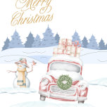 Red Truck Stuck in Snow Snowman Trees Thank You Card<br><div class="desc">Christmas card with a red truck stuck in the snow with a snowwoman and trees. Personalize your message inside the card.</div>
