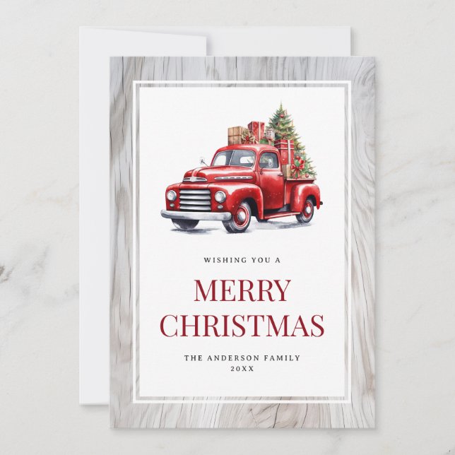 Red Truck Tree Rustic Wood Joyeux Noël Carte (Devant)