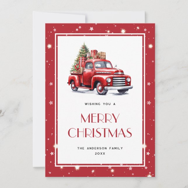 Red Truck Tree Snow Stars Merry Christmas Card (Front)