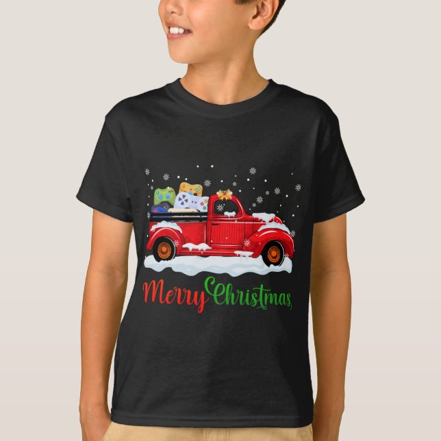 Red Truck Video Game Controllers Merry Christmas M T-Shirt (Front)