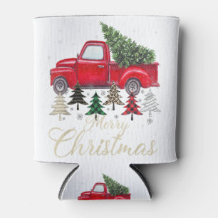 Red Truck With Buffalo Plaid And Leopard Christmas Can Cooler