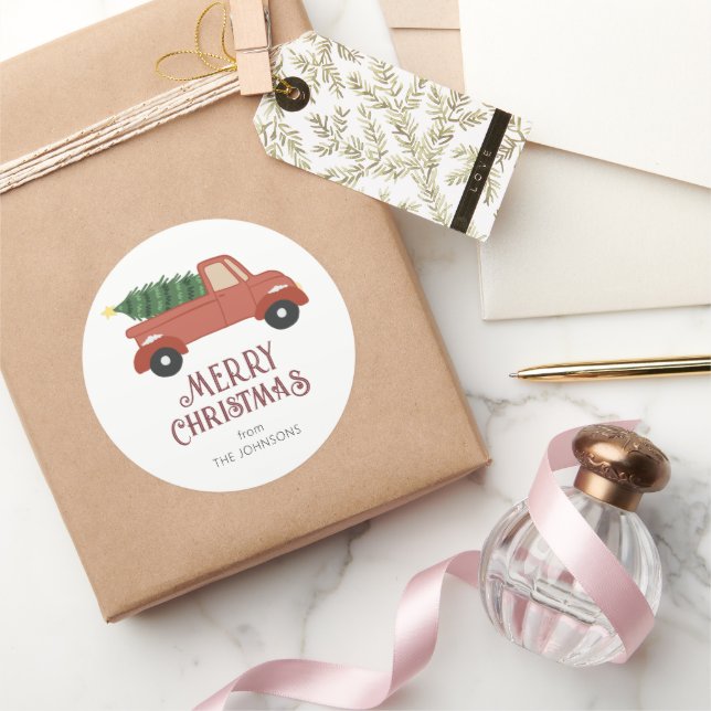 Red Truck with Christmas Tree Modern Christmas Classic Round Sticker (Gifting)