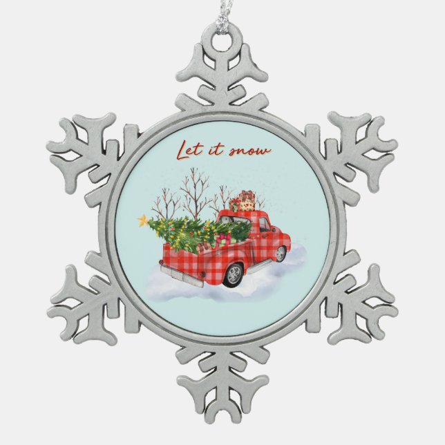 Red Truck with Christmas Tree Snowflake Pewter Christmas Ornament (Front)