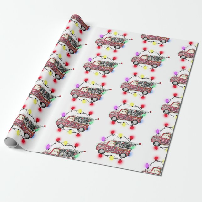 Red Truck with Christmas Tree Snowy Lights Wrapping Paper (Unrolled)
