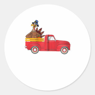 Red Truck with Funny Cute Turkey for Thanksgivi Classic Round Sticker