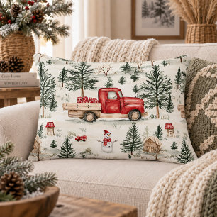 Red Truck with Gifts and Snowman Accent Pillow