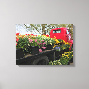 Red Truck with Spring Flowers & Rainbow Canvas Print