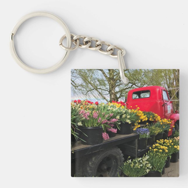 Red Truck with Spring Flowers & Rainbow Keychain (Front)