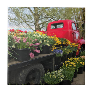 Red Truck with Spring Flowers & Rainbow Tile
