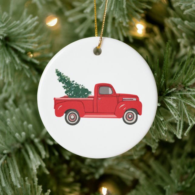 Red Truck with tree Art Ceramic Ornament (Tree)