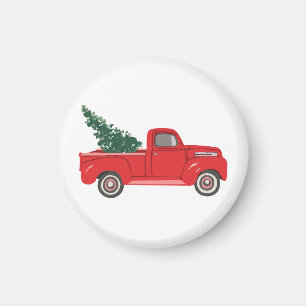 Red Truck with tree Art Ceramic Ornament Magnet