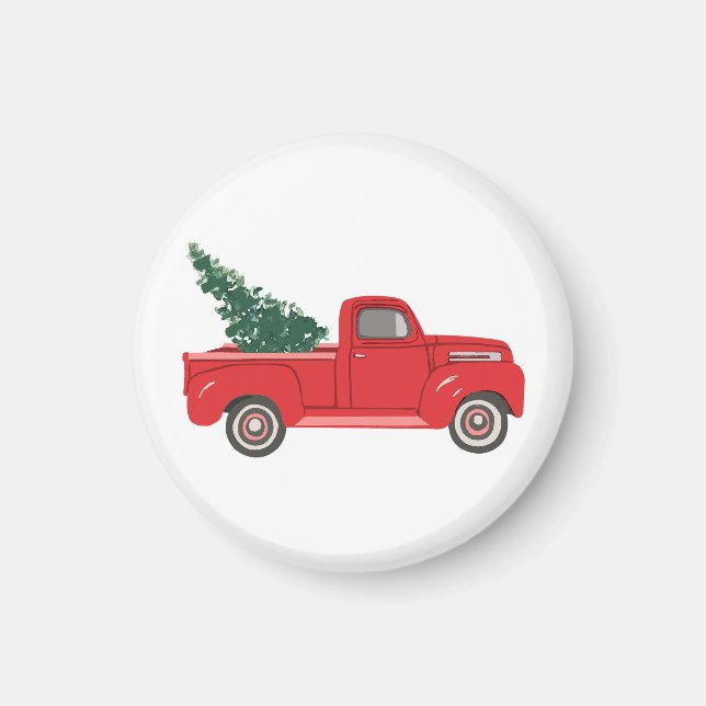 Red Truck with tree Art Ceramic Ornament Magnet (Front)
