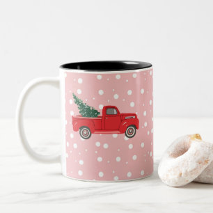 Red Truck with tree Art Pink Two-Tone Coffee Mug
