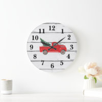 Red Truck with Tree Rustic Shiplap Large Clock