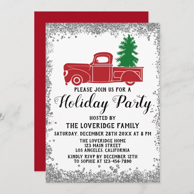 Red Truck Xmas Tree Christmas Holiday Party Silver Invitation (Front/Back)