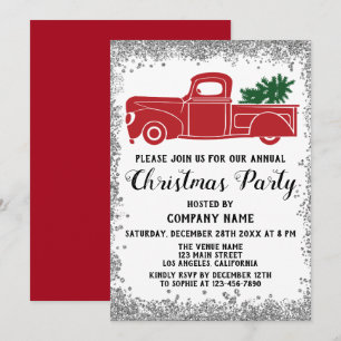 Red Truck Xmas Tree Company Christmas Party Silver Invitation