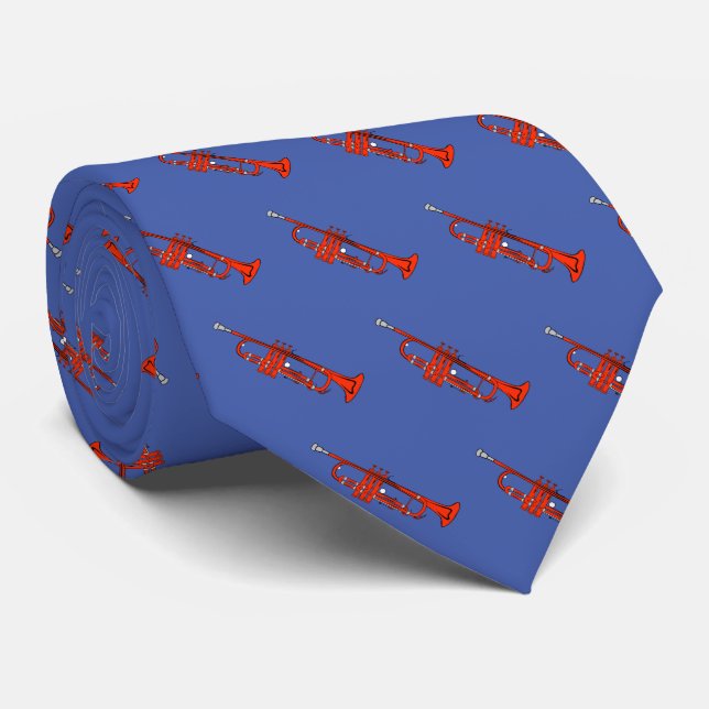 Red Trumpet Pattern on Ocean Blue Tie (Rolled)