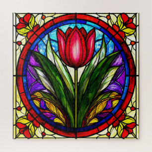 Red Tulip and Colourful Floral Motifs Jigsaw Puzzle