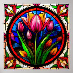 Red Tulip and Colourful Floral Motifs Poster