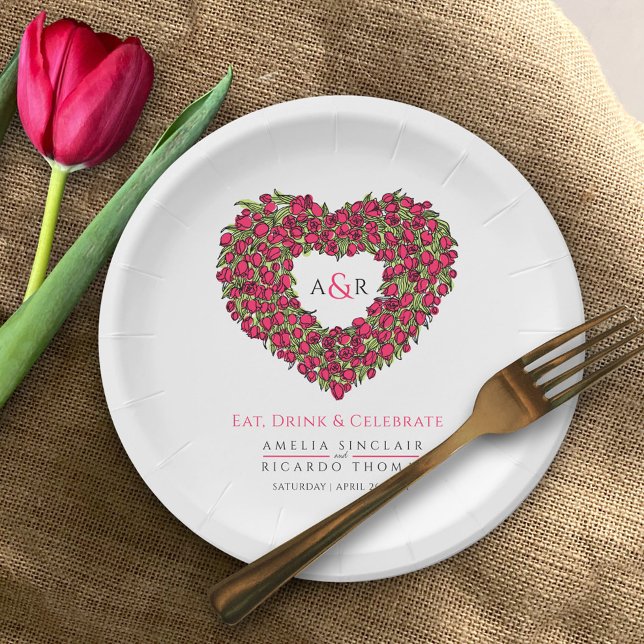 Red tulip bouquet ink art heart wedding  paper plate (Creator Uploaded)