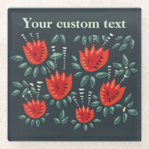 Red Tulip Dark Floral Pattern Custom Text Glass Coaster