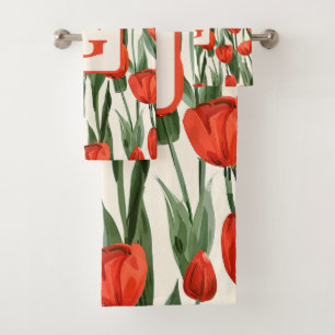 Red tulip field pattern personalized monogram bath towel set