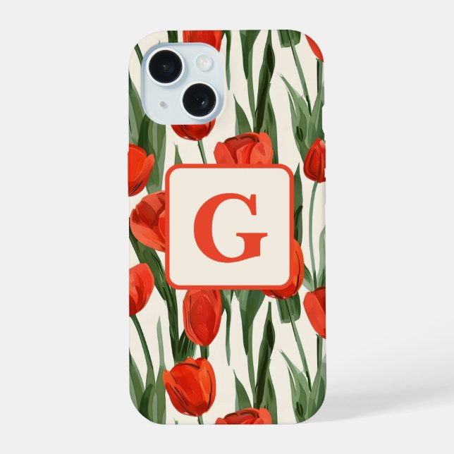 Red tulip field pattern personalized monogram  iPhone 15 case (Back)