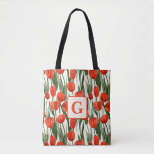 Red tulip field pattern personalized monogram tote bag