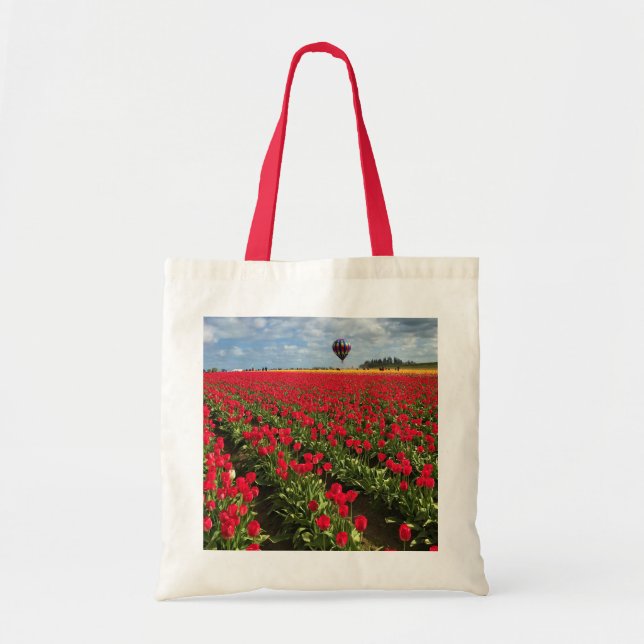 Red Tulip Field with Hot Air Balloon Tote Bag (Front)