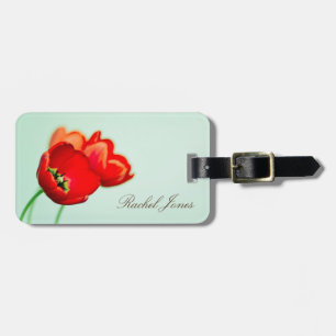 Red tulip floral mint green bokeh style personal luggage tag
