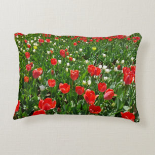 Red Tulip Flower Field Nature Photography Accent Pillow