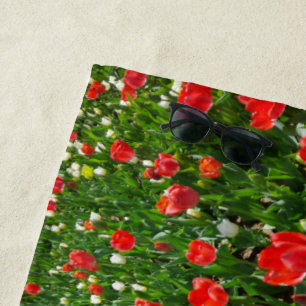 Red Tulip Flower Field Nature Photography Beach Towel