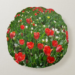 Red Tulip Flower Field Nature Photography Round Pillow