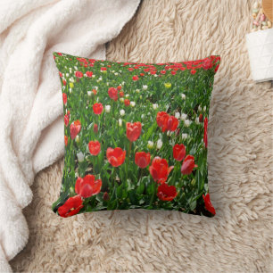 Red Tulip Flower Field Nature Photography Throw Pillow