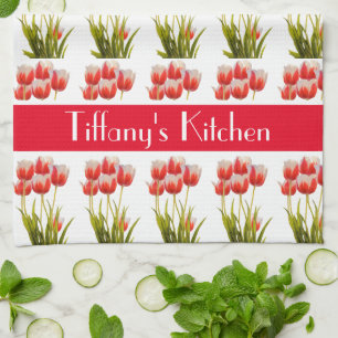 Red Tulip Flower Personalized Floral Kitchen Towel