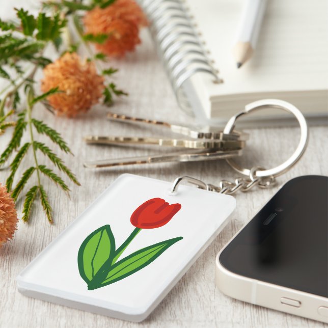 Red tulip flower personalized keychain  (Front Right)