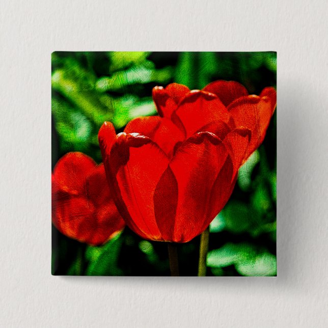 Red tulip flowers 2 inch square button (Front)