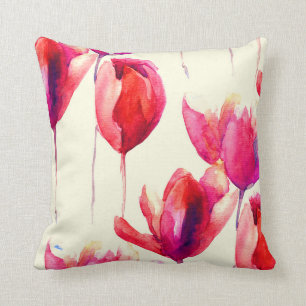 Red Tulip Flowers Watercolor Throw Pillow