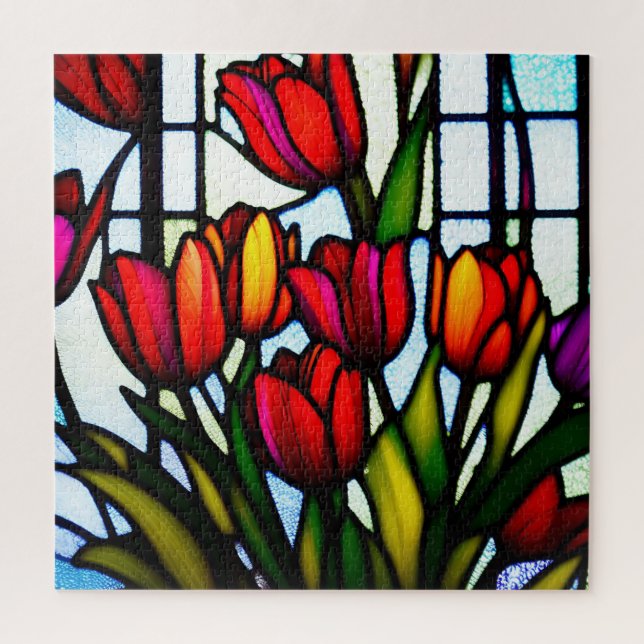 Red Tulip Leadlight, Jigsaw Puzzle (Vertical)