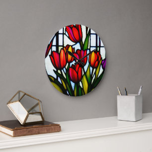 Red Tulip Leadlight, Large Clock