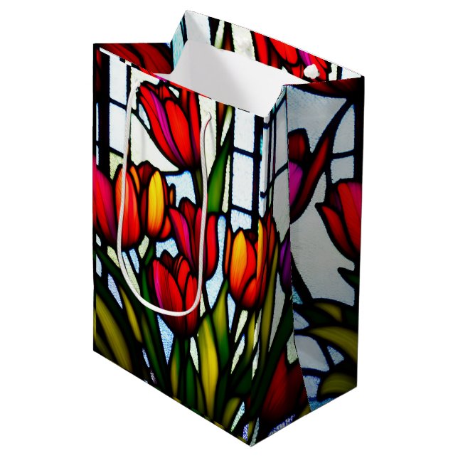Red Tulip Leadlight, Medium Gift Bag (Front Angled)