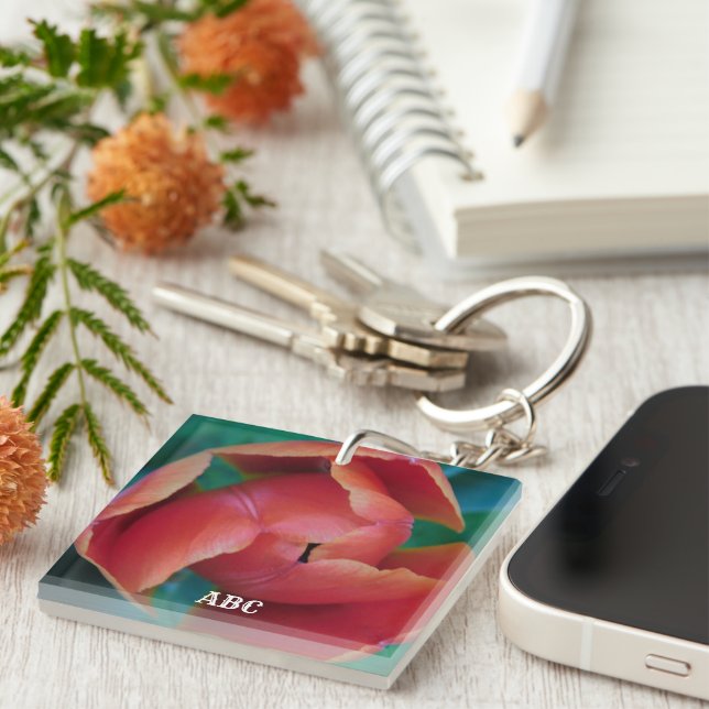 Red Tulip Macro Photo Personalized Acrylic Keyring (Front Right)