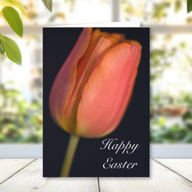 Red Tulip on Black Happy Easter Holiday Card (Creator Uploaded)